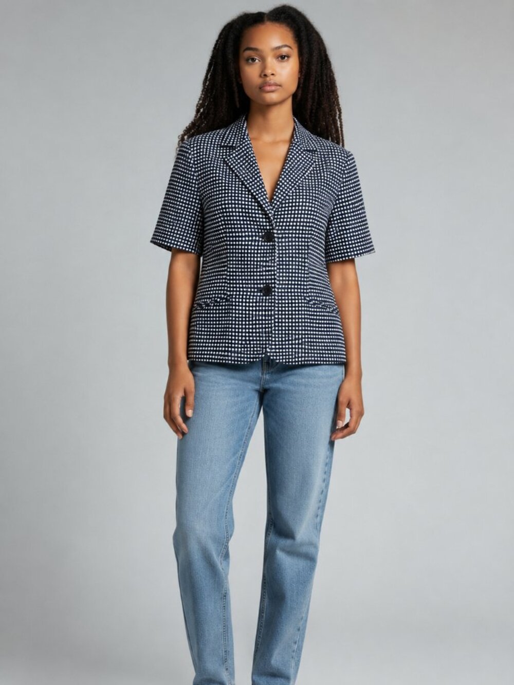 Alfred Dunner Navy/White Polka Dot Short Sleeve Blazer